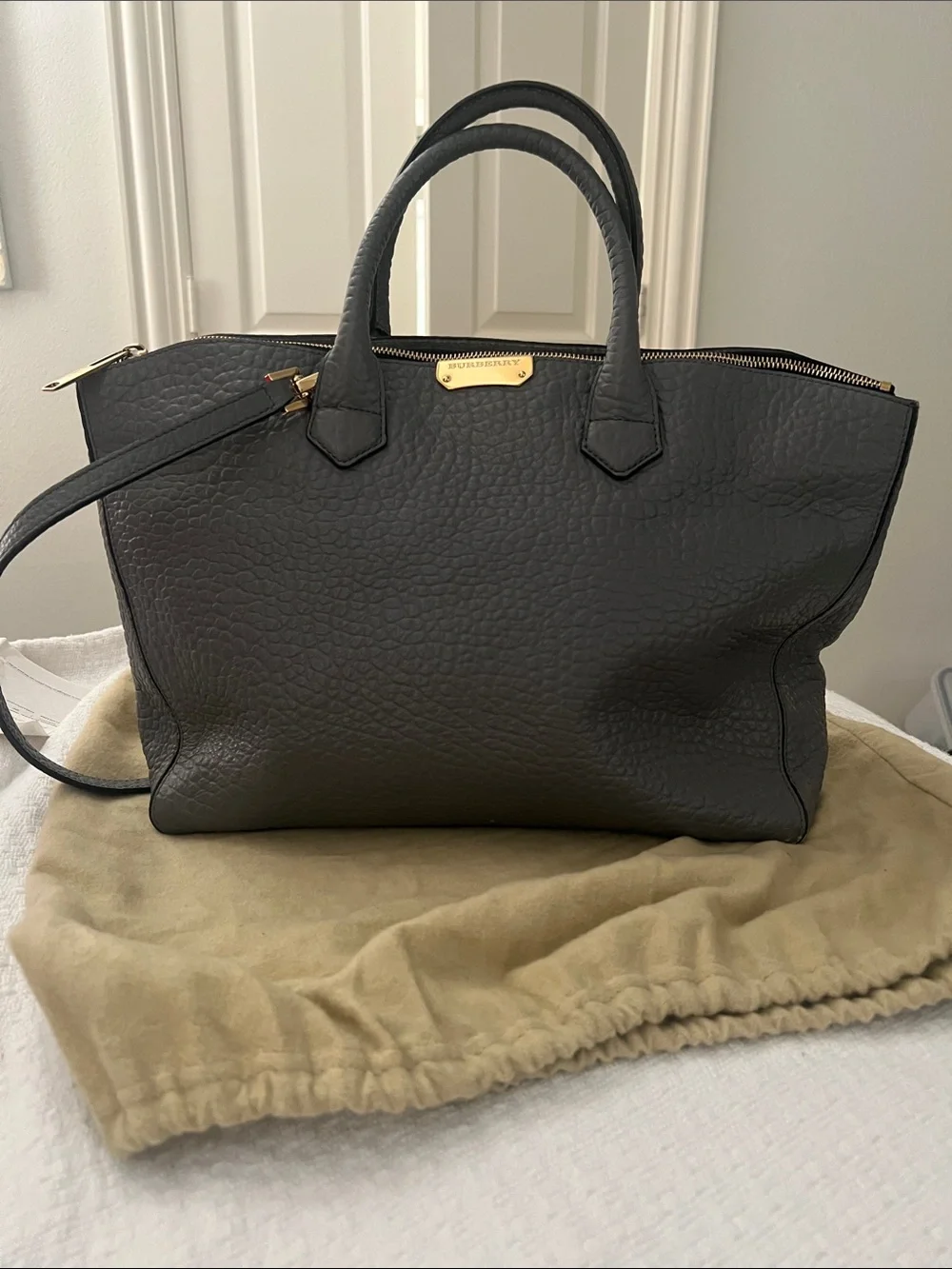 Burberry Dewsbury Grey Melange Leather Tote Bag with Gold Hardware